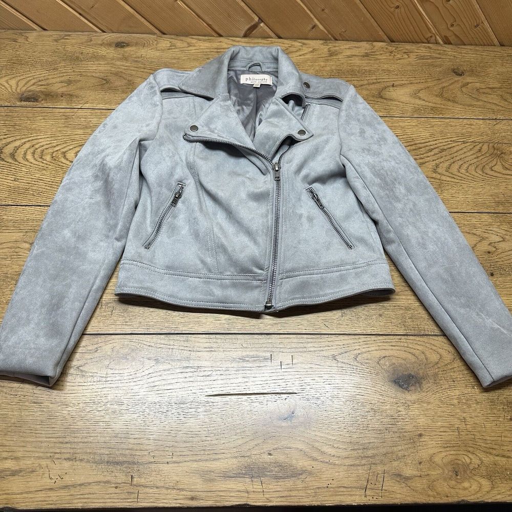 Philosophy Women's S Moto Jacket Coat Gray Faux Leather Crop Open Front Pockets